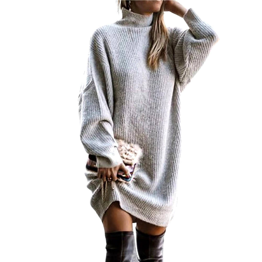 Knitting Dress Thick Winter Dress Batwing Long Sleeves Temperament Solid Color Loose Knitted Casual Midi Dress Coldproof