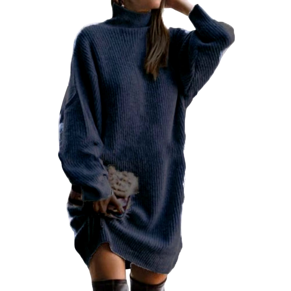 Knitting Dress Thick Winter Dress Batwing Long Sleeves Temperament Solid Color Loose Knitted Casual Midi Dress Coldproof