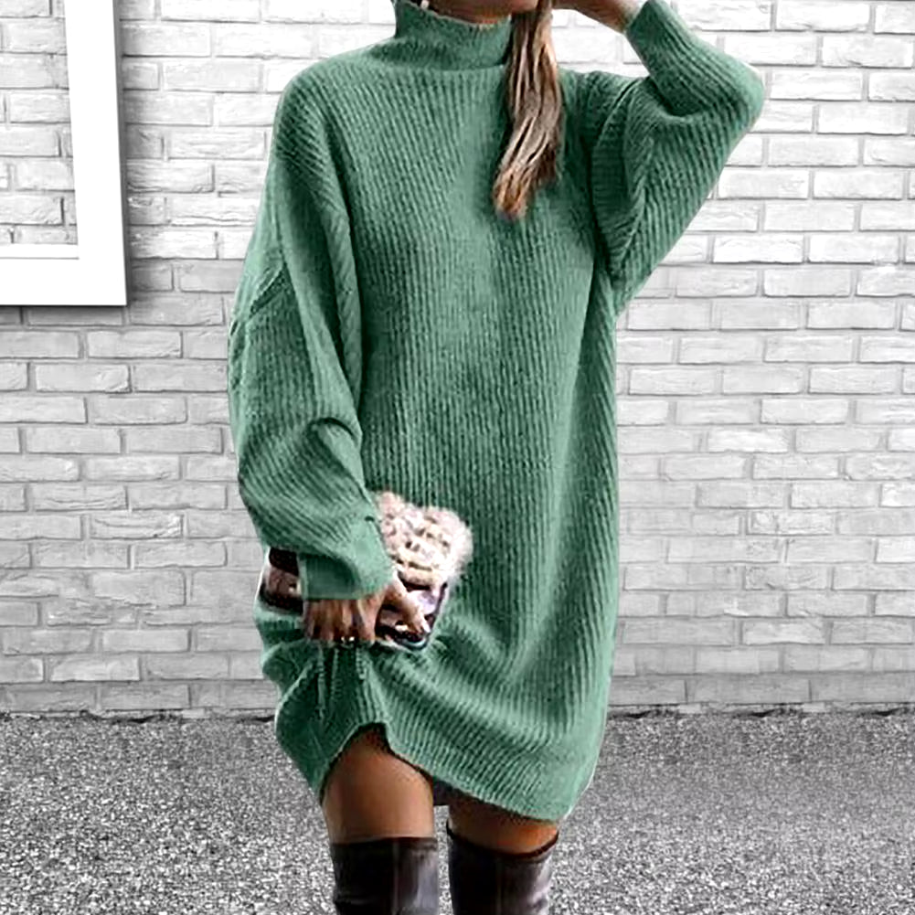 Knitting Dress Thick Winter Dress Batwing Long Sleeves Temperament Solid Color Loose Knitted Casual Midi Dress Coldproof