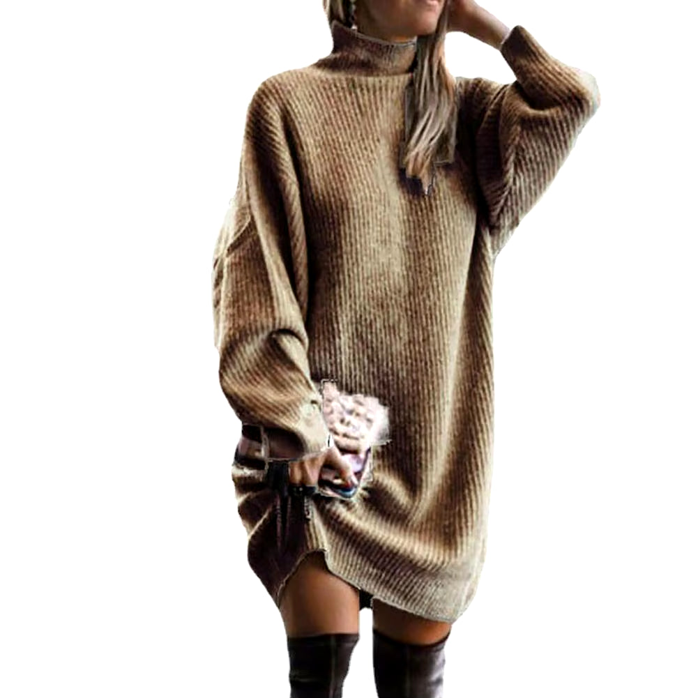 Knitting Dress Thick Winter Dress Batwing Long Sleeves Temperament Solid Color Loose Knitted Casual Midi Dress Coldproof