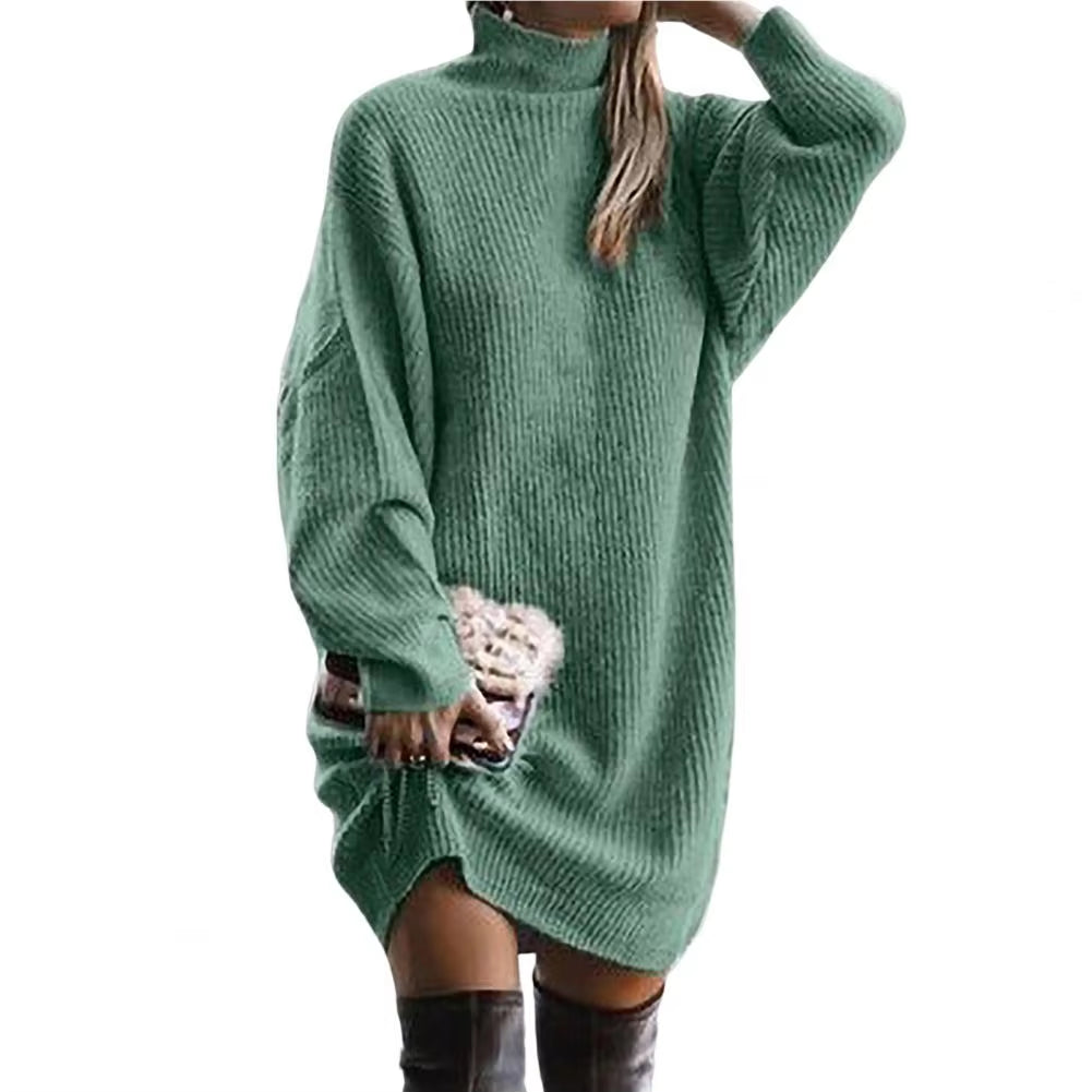 Knitting Dress Thick Winter Dress Batwing Long Sleeves Temperament Solid Color Loose Knitted Casual Midi Dress Coldproof