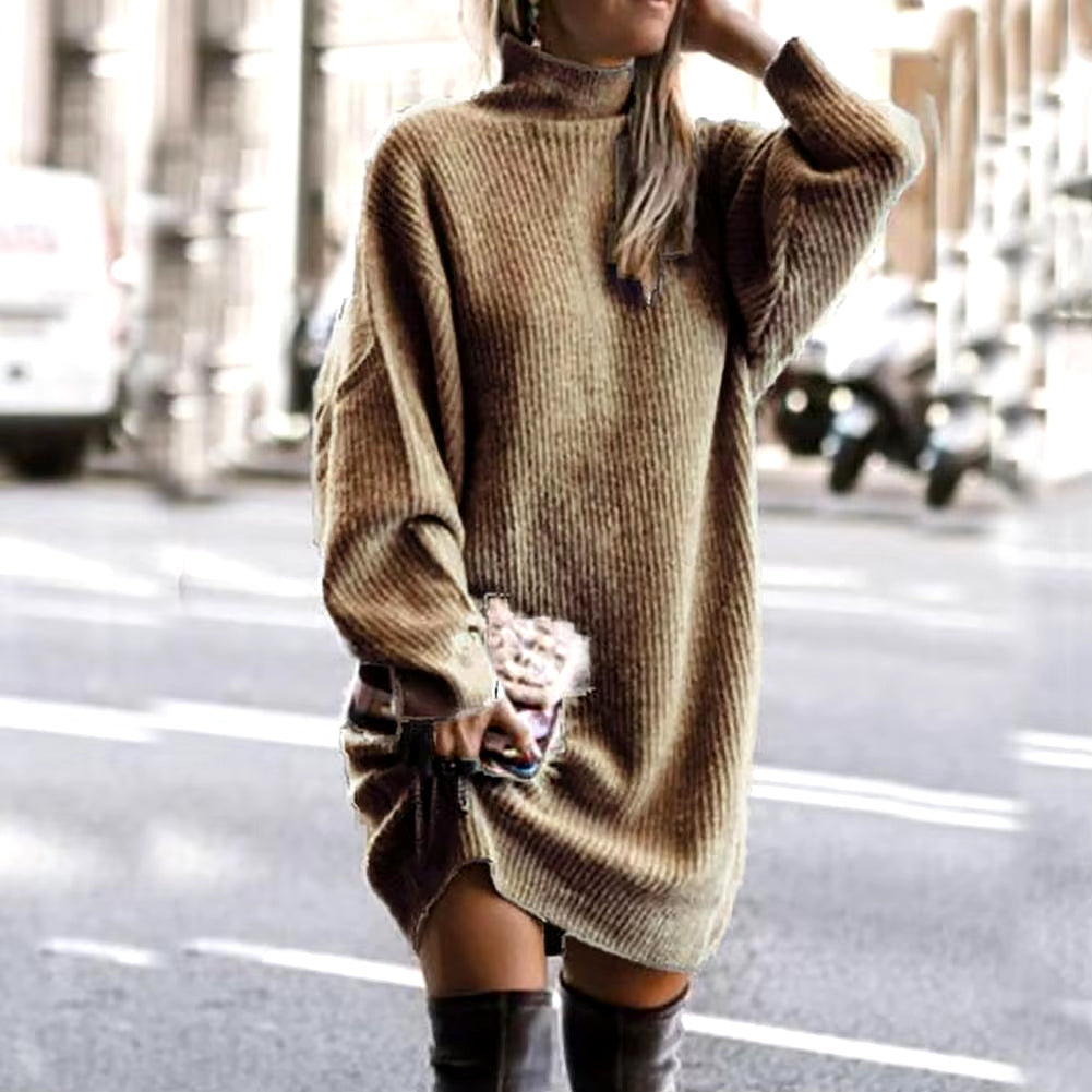 Knitting Dress Thick Winter Dress Batwing Long Sleeves Temperament Solid Color Loose Knitted Casual Midi Dress Coldproof